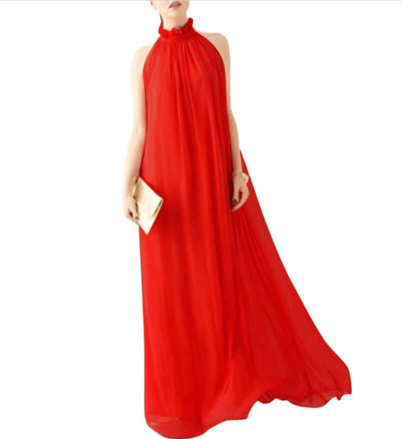 Chiffon gown with a Ruffled Neck red