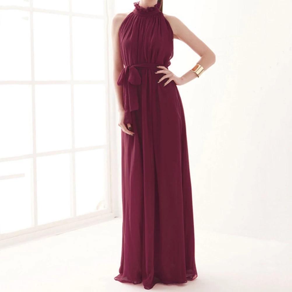 Chiffon gown with a Ruffled Neck burgundy