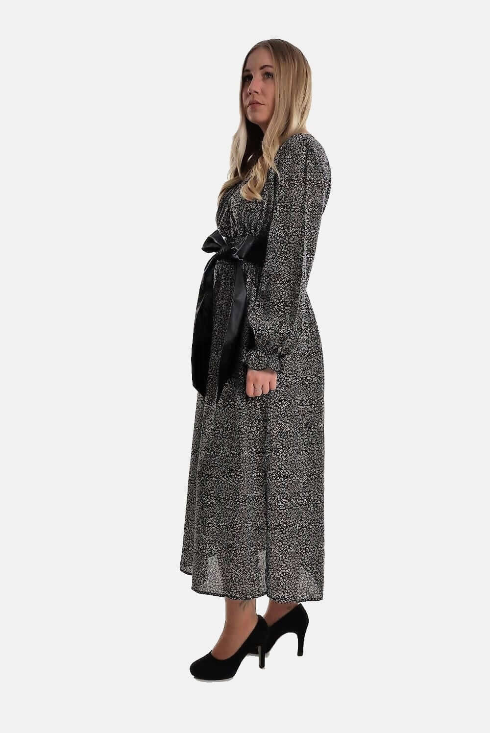 Maxi Dress with Leather Belt , Maxi Dress, dress with Leather Belt, polka dots dress, dress Woman, spots dress black