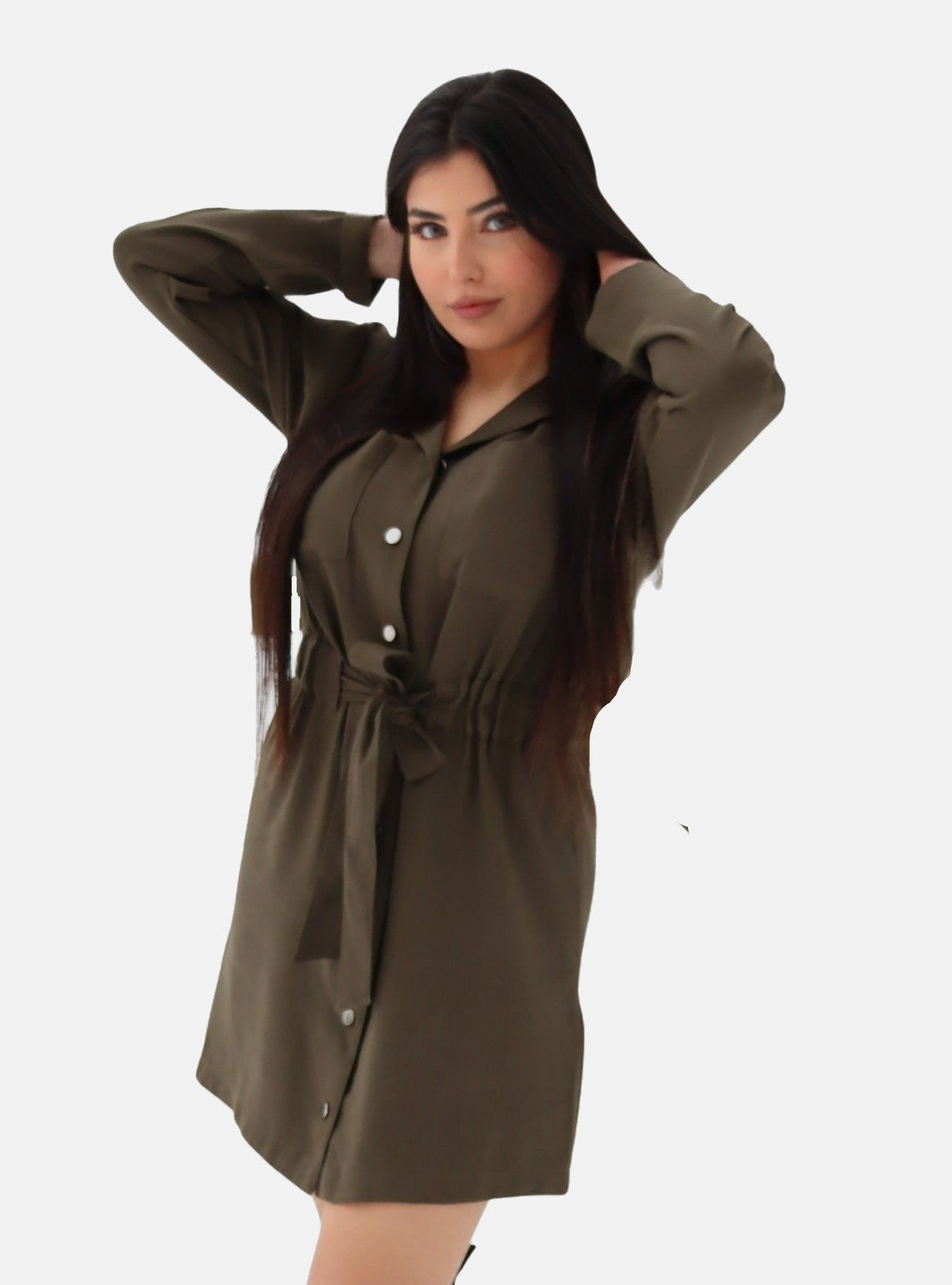 Shirt Dress with Belt, Shirt Dress with Belt, Mini Shirt Dress with Drawstrings Olive, Dress