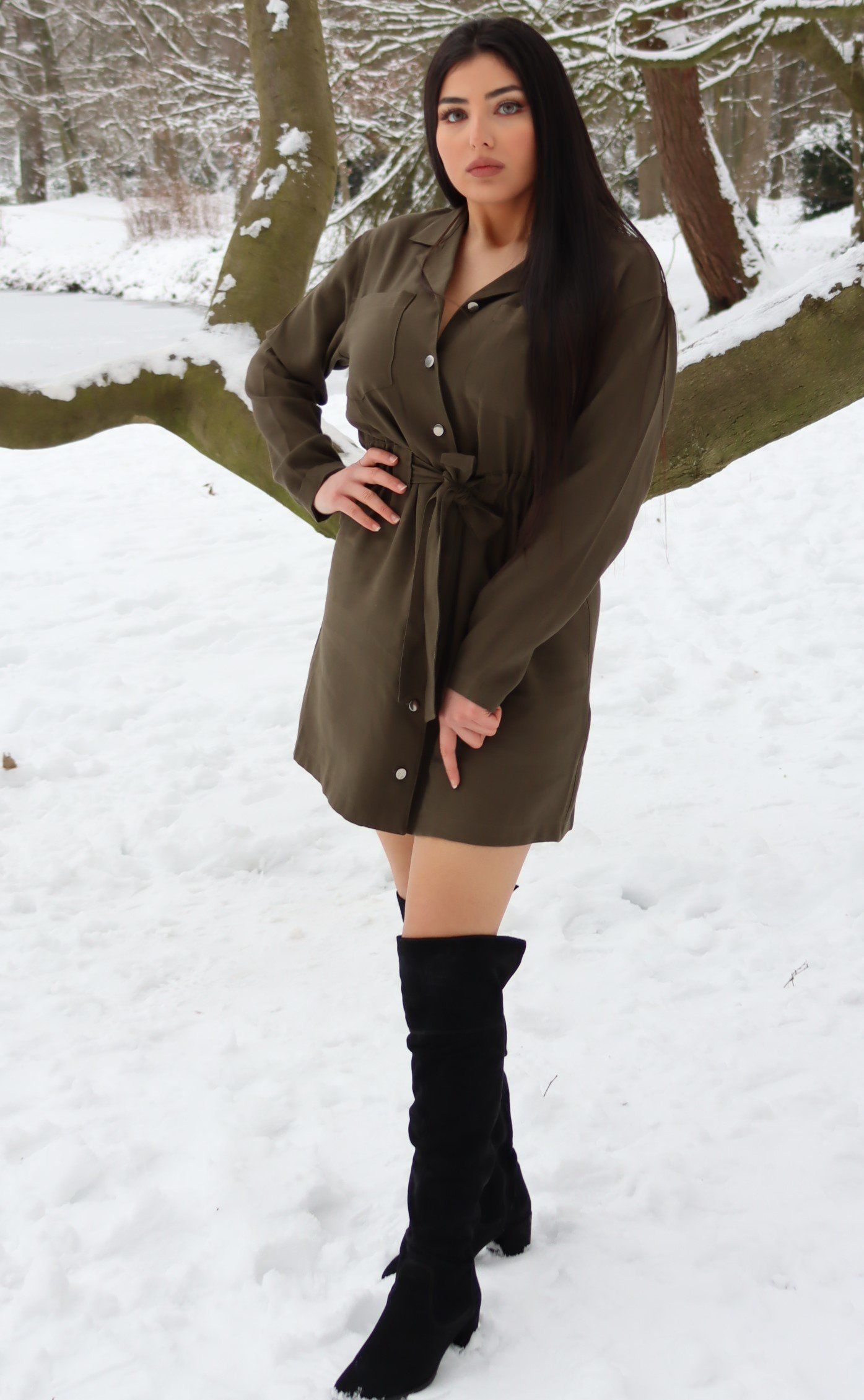 Shirt Dress with Belt , Shirt Dress with Belt, Mini Shirt Dress with Drawstrings Olive, Dress
