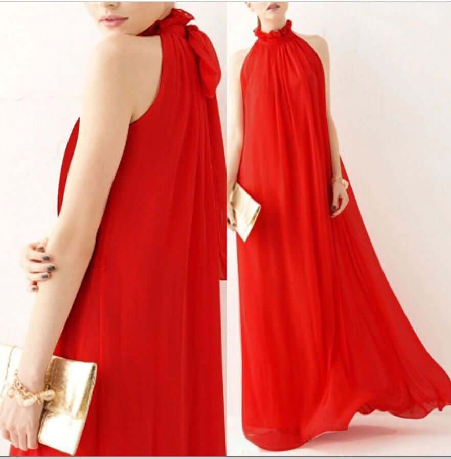 Chiffon gown with a Ruffled Neck red