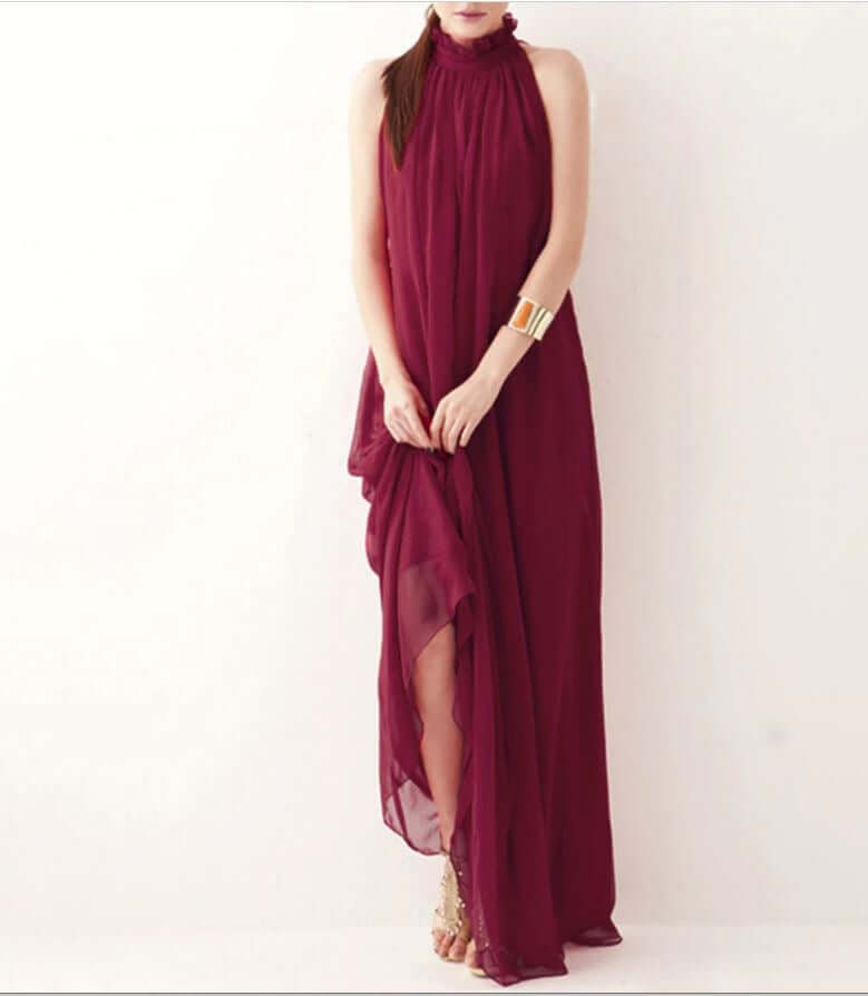 Chiffon gown with a Ruffled Neck burgundy