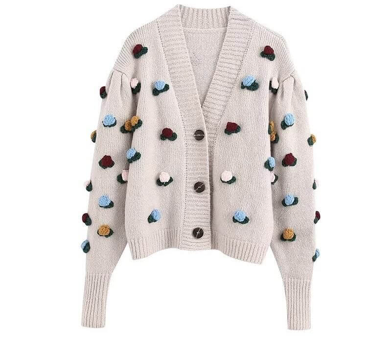Cardigan with floral patches, beige jacket winter
