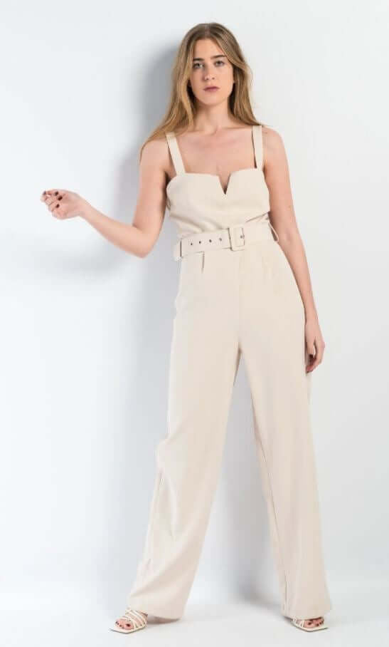 Beige Jumpsuit with Linu Belt, Jumpsuit beige, Jumpsuit wide leg woman, Jumpsuit straps beige