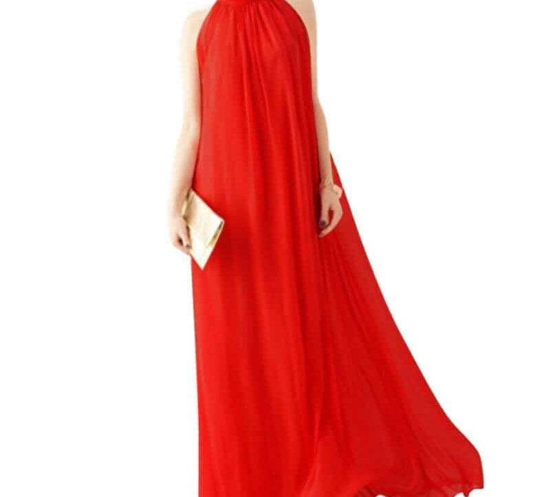 Chiffon gown with a Ruffled Neck red