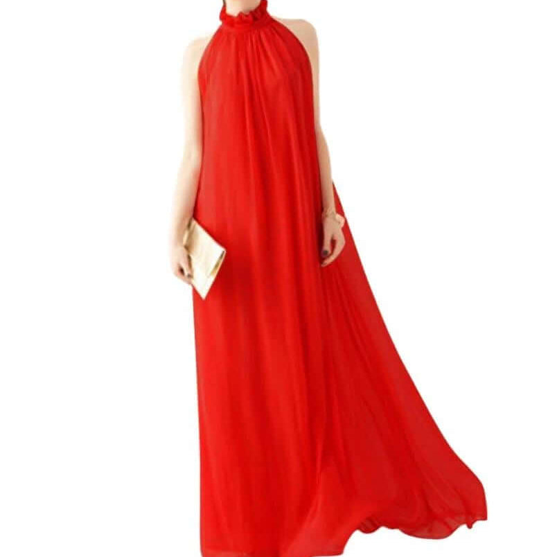 Chiffon gown with a Ruffled Neck red
