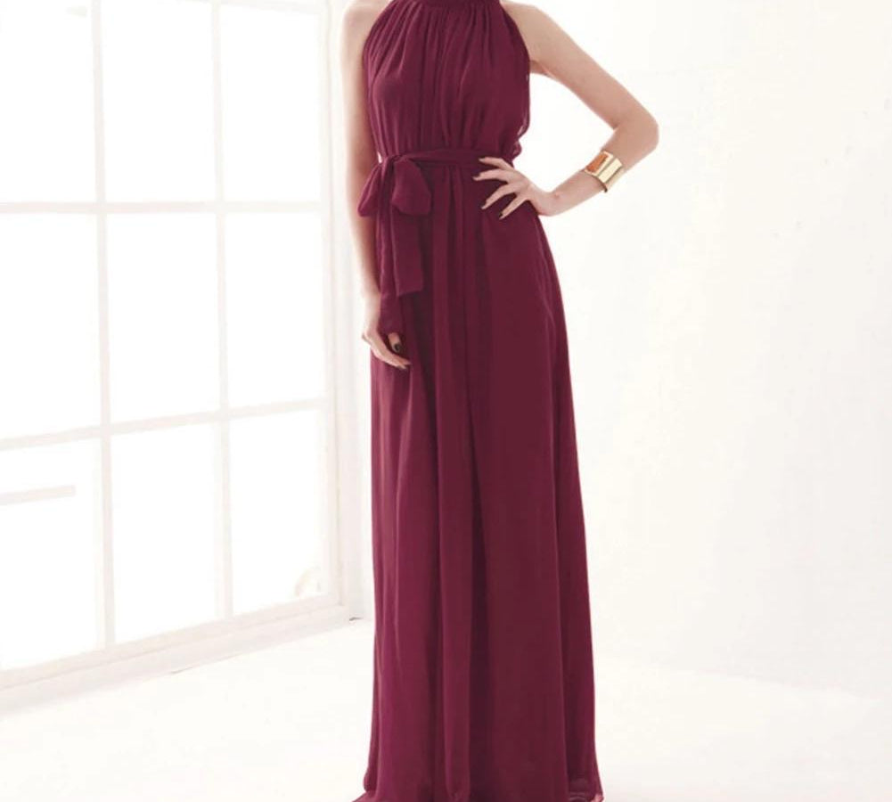 Chiffon gown with a Ruffled Neck burgundy