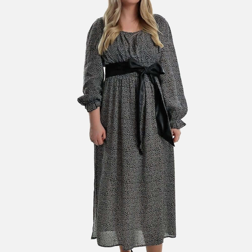 Maxi Dress with Leather Belt ,Maxi Dress, dress with Leather Belt, polka dots dress, dress Woman, dots dress black