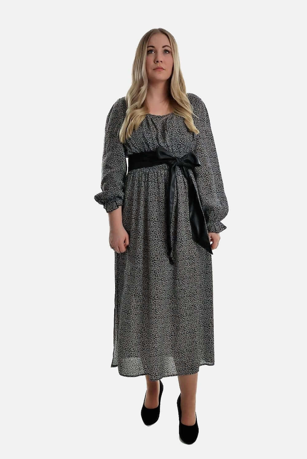 Maxi Dress with Leather Belt ,Maxi Dress, dress with Leather Belt, polka dots dress, dress Woman, dots dress black