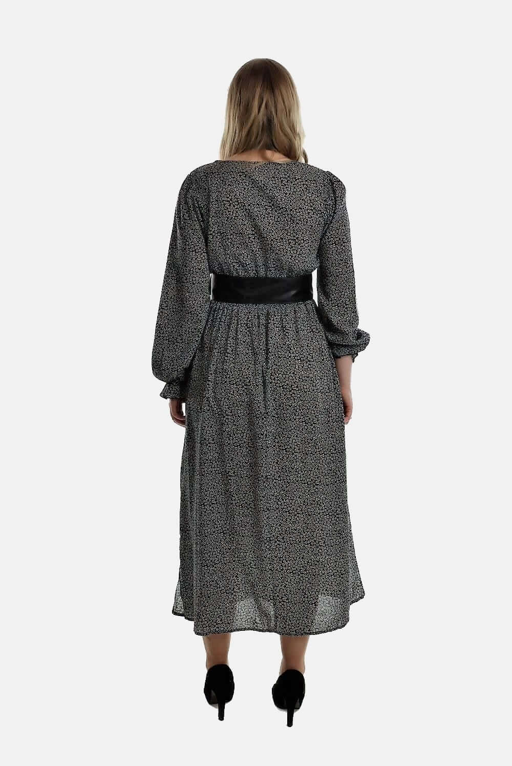 Maxi Dress with Leather Belt , Maxi Dress, dress with Leather Belt, polka dots dress, dress Woman, dots dress woman black