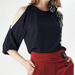 Women's Off Shoulder Slit Sleeve elastic Cuff Blouse Top,Open Shoulders Blouse JASPER