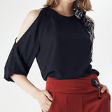 Women's Off Shoulder Slit Sleeve elastic Cuff Blouse Top,Open Shoulders Blouse JASPER