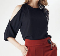 Women's Off Shoulder Slit Sleeve elastic Cuff Blouse Top,Open Shoulders Blouse JASPER