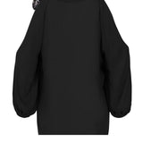 Open Shoulders Blouse JASPER Mode, Women's Off Shoulder Slit Sleeve elastic Cuff Blouse Top, Black Top Blouse