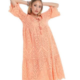 Perforated Embroidery Dress , Lace dress Orange