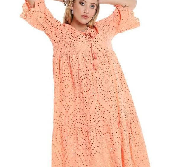Perforated Embroidery Dress , Lace dress Orange