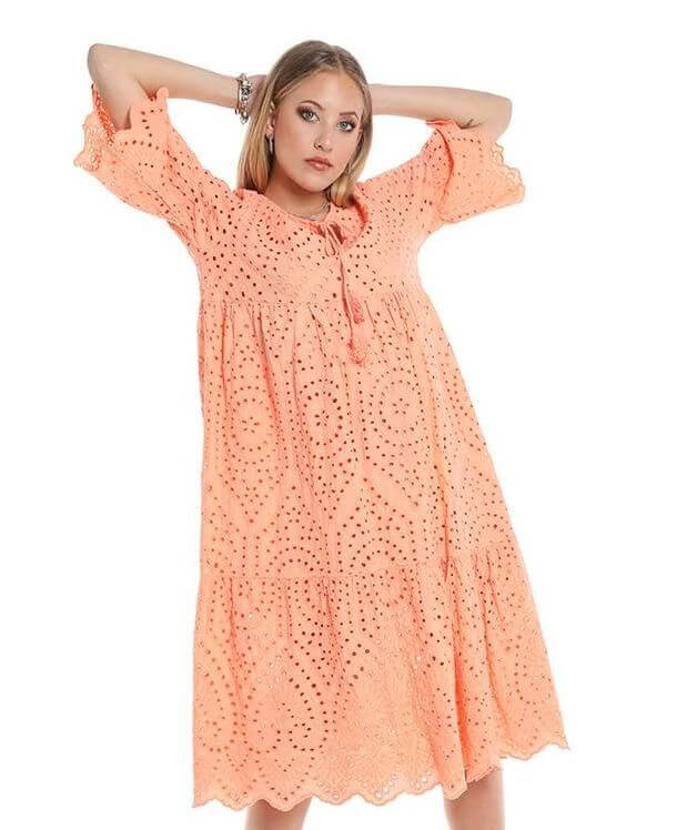 Perforated Embroidery Dress , Lace dress Orange