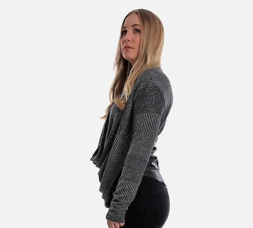 Ribbed Top with Leather , Shimmer top, gray top