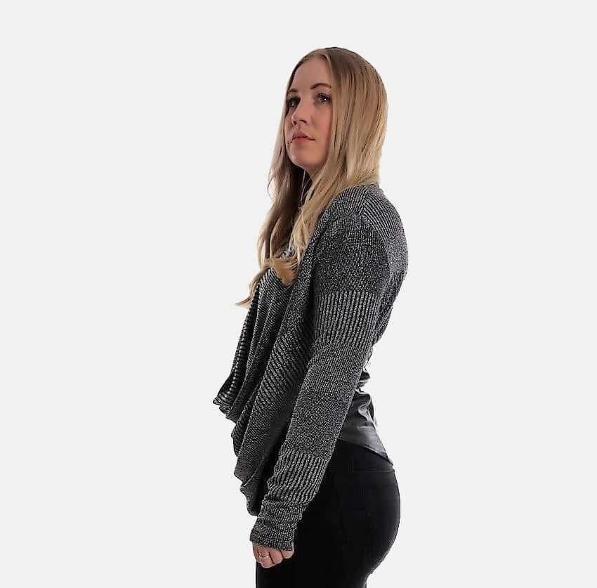 Ribbed Top with Leather , Shimmer top, gray top