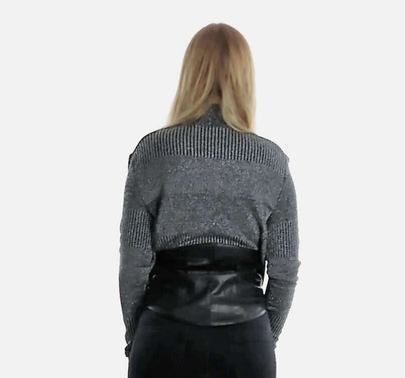 Ribbed Top with Leather, gray top woman