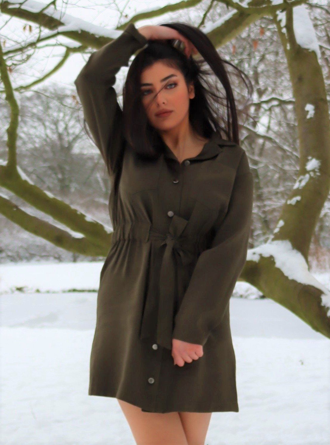 Shirt Dress with Belt , Shirt Dress with Belt, Mini Shirt Dress with Drawstrings Olive, Dress