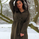 Shirt Dress with Belt , Shirt Dress with Belt, Mini Shirt Dress with Drawstrings Olive, Dress