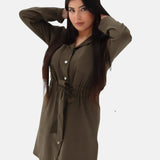 Shirt Dress with Belt, Shirt Dress with Belt, Mini Shirt Dress with Drawstrings Olive, Dress