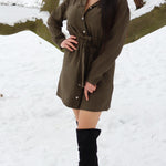 Shirt Dress with Belt , Shirt Dress with Belt, Mini Shirt Dress with Drawstrings Olive, Dress