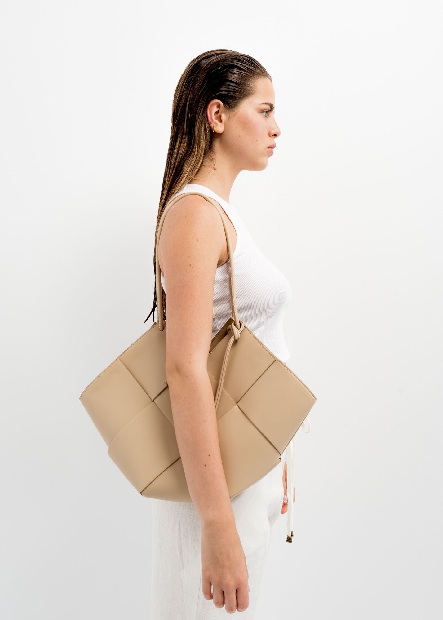 Braided Shopper Handbag Beige, Handbag beige woman
