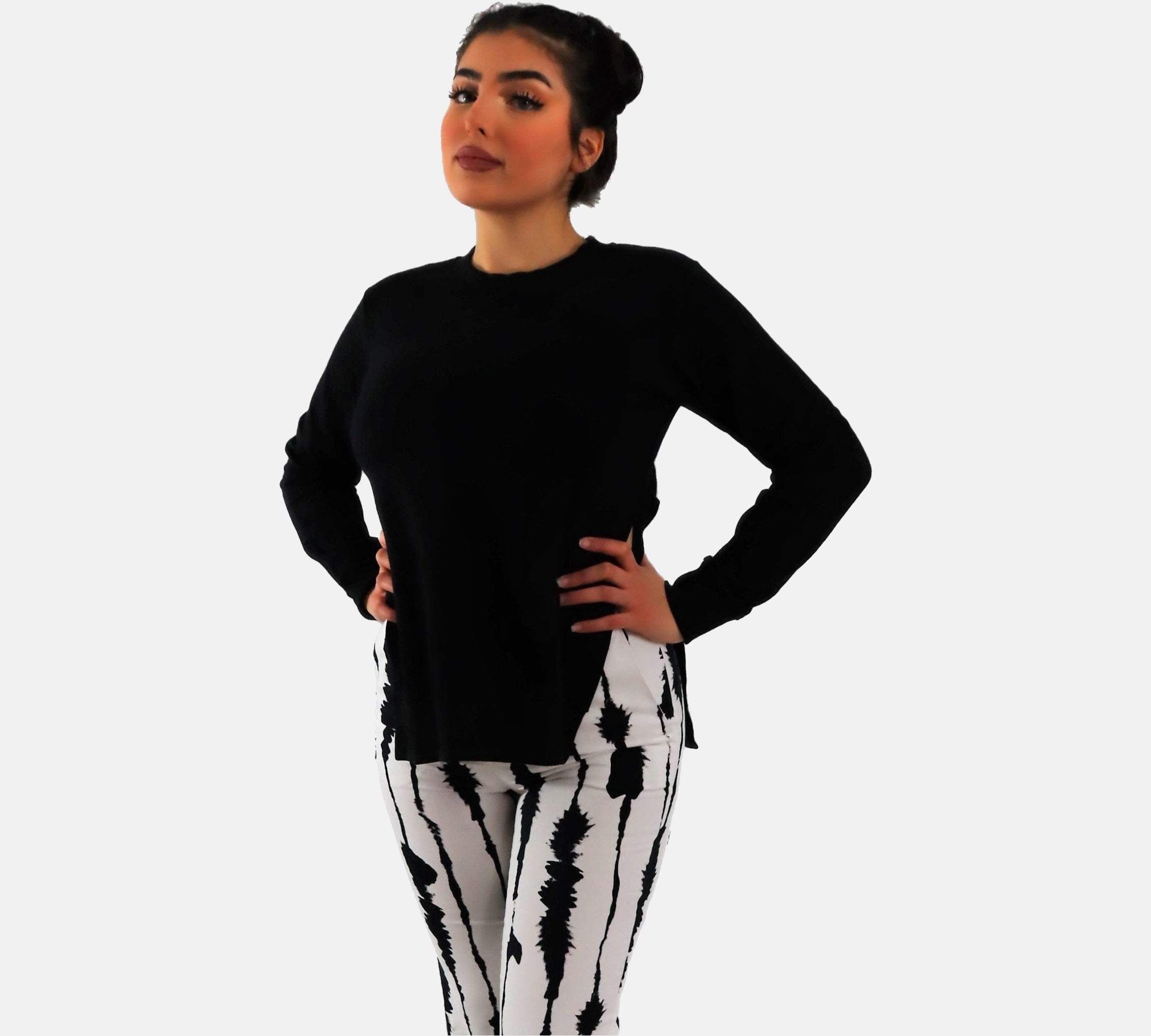 Slit Sides Sweater , Black pullover