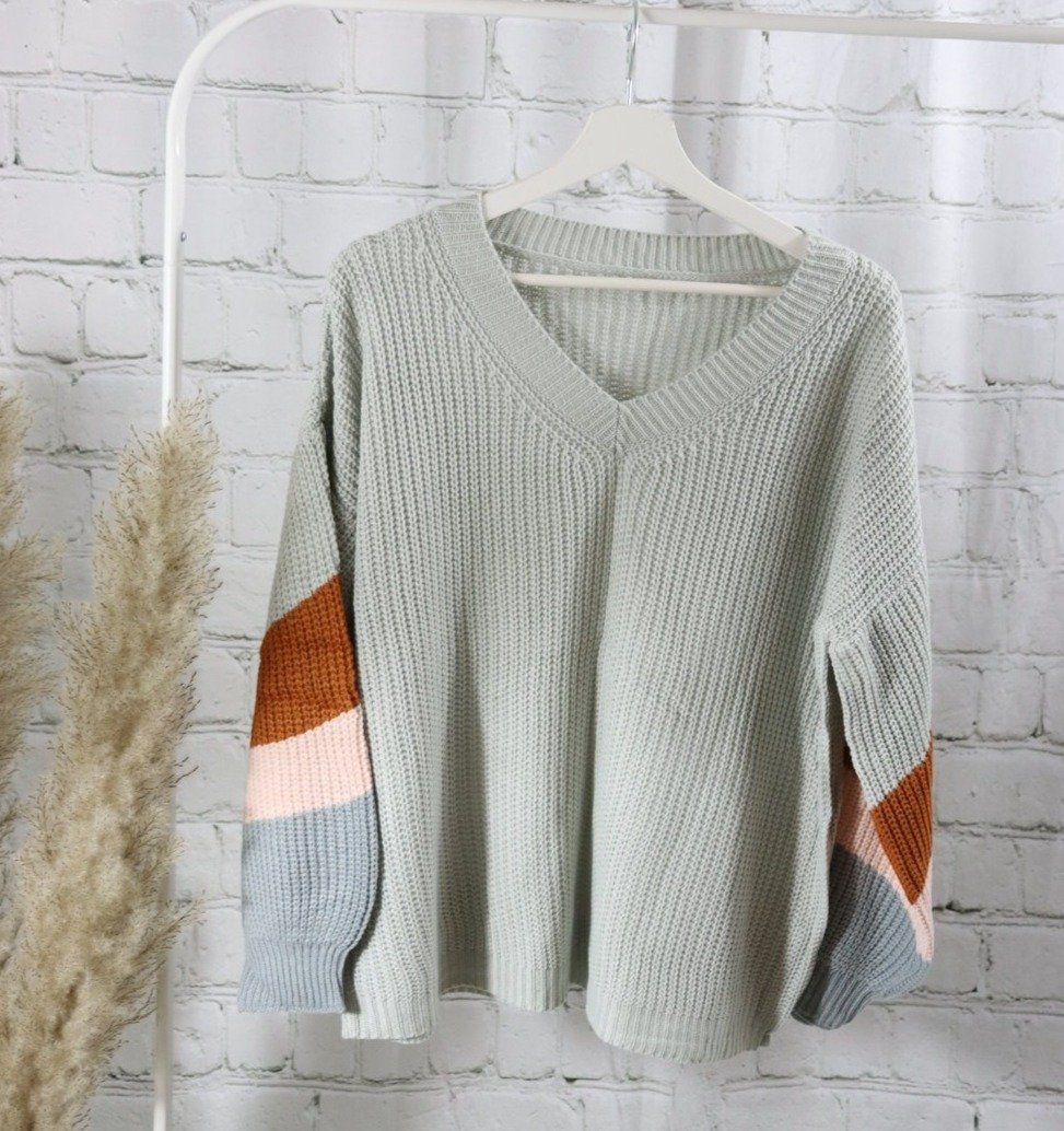 Stripe V-Neck Pullover , Stripes Pullover, balloonsleeve sweater,gray pullover, v-neck pullover