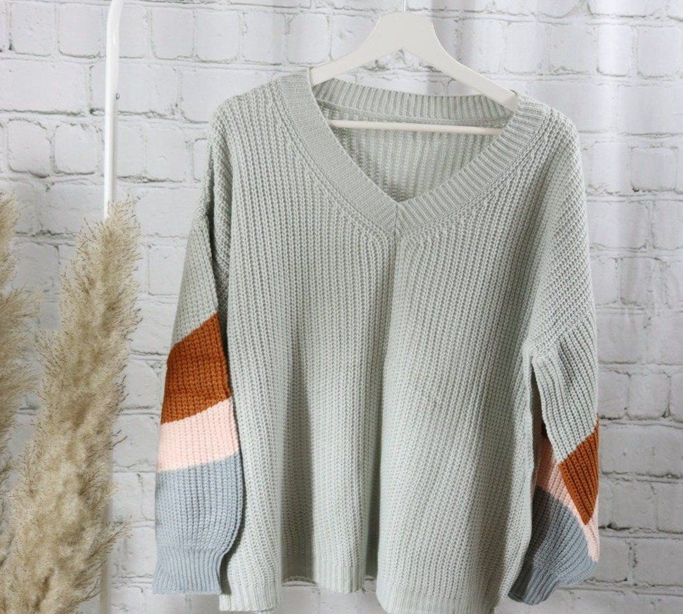 Stripe V-Neck Pullover , Stripes Pullover, balloonsleeve sweater,gray pullover, v-neck pullover