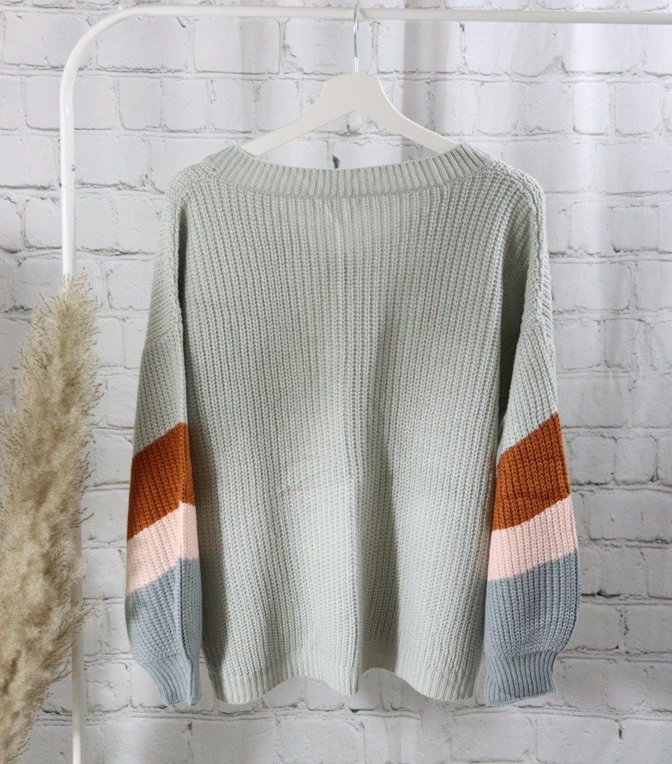 Stripe V-Neck Pullover , Stripes Pullover, balloonsleeve sweater,gray pullover, v-neck pullover