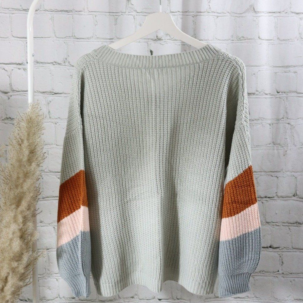 Stripe V-Neck Pullover , Stripes Pullover, balloonsleeve sweater,gray pullover, v-neck pullover