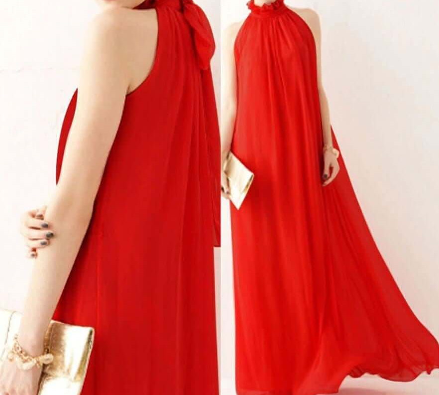 Chiffon gown with a Ruffled Neck red